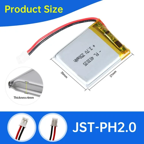Miniatura 3 de 403035 Batería Lipo de 3.7V 350mAh 403035 Paquete de Batería de Polímero de Litio Recargable con Conector JST PH2.0mm para Dispositivo Electrónico