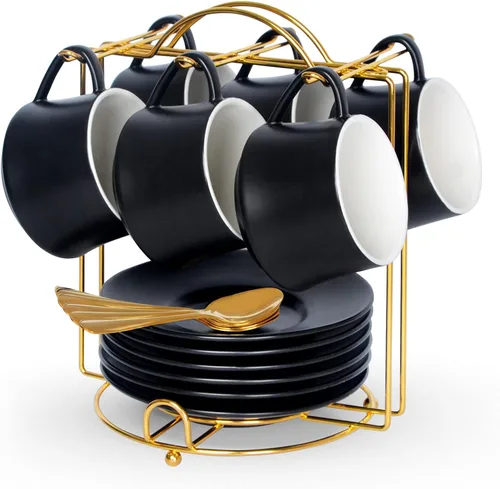 Miniatura 7 de Lareina Juego de 6 tazas de café de porcelana de 3 onzas, tazas de café apilables con platillos, cucharas y soporte de metal, tazas de cerámica