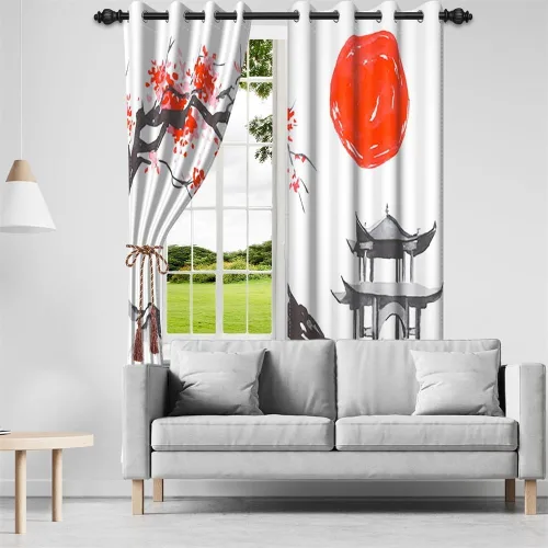 Miniatura 81 de Cortinas japonesas con pintura de tinta, monte Fuji, sol rojo, puesta de sol, hojas de bambú, cortinas de ventana para dormitorio, sala de estar