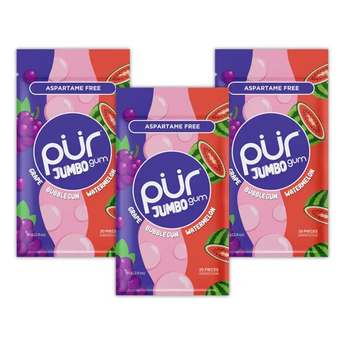 Miniatura 7 de PUR - Chicle Jumbo Chicle sin aspartamo 100% xilitol Sabor natural a fresa, plátano, naranja, 20 piezas (paquete de 10)