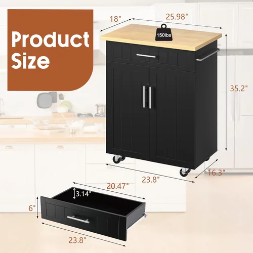 Miniatura 2 de SUNLEI Carrito de isla de cocina con ruedas con armario de almacenamiento y cajón, mesa de cocina con ruedas de 26 pulgadas de ancho, asa