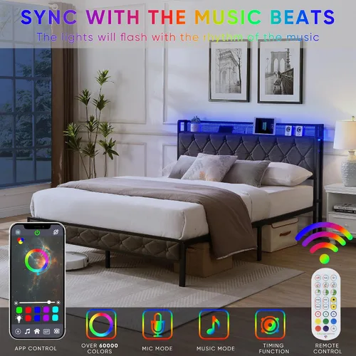 Miniatura 5 de Full Bed Frame Metal, Charging Station and Led Lights, Upholstered Platform Bed with Heavy Metal Slats, No Box Spring Needed, Noise Free, Easy