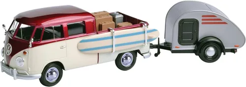 Motormax 79673 - Camión pickup Volkswagen T1 color morado y crema con tabla de surf, accesorios y remolque de lágrima gris 1/24 modelo de automóvil
