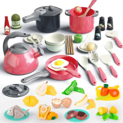 Miniatura 14 de Bruvoalon Juego de 32 juguetes de cocina para niños, accesorios de cocina con ollas, sartenes, utensilios de cocina, alimentos, verduras enlatadas