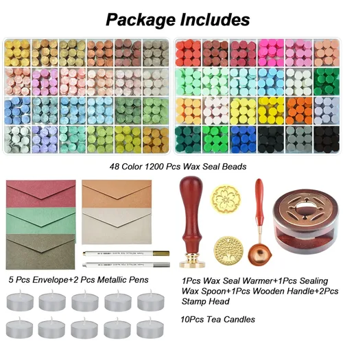 Miniatura 4 de Kit de sellos de cera con caja de regalo, 48 colores, 1200 piezas de cuentas de cera de sellado con 2 piezas de sellos, calentador, cuchara