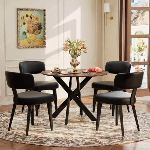 Miniatura 16 de Juego de mesa de comedor de madera para 2, mesa de cocina redonda de 36 pulgadas con 2 sillas de comedor Boucle, mesa de MDF con patas de metal
