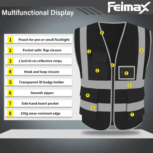 Miniatura 2 de FEimaX Chaleco de seguridad de alta visibilidad, chaleco de trabajo reflectante de malla para hombres y mujeres con bolsillos y cremallera, cumple