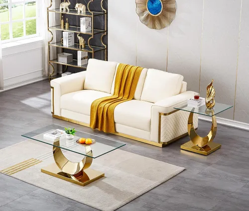 Miniatura 23 de Mesa de centro de cristal de lujo, mesa de centro de sofá de 47 pulgadas con marco de acero inoxidable dorado y parte superior de vidrio negro, mesa