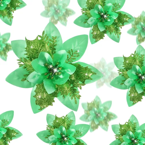 Miniatura 7 de 36 piezas de flores de Pascua artificiales con purpurina de Poinsettia para Navidad, flores de Poinsettia artificiales para bodas, decoraciones