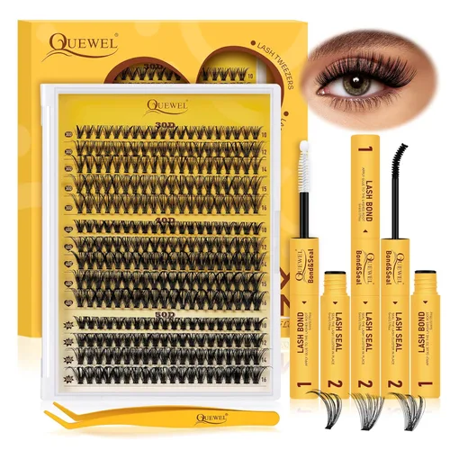 Miniatura 25 de QUEWEL Kit de extensión de pestañas DIY, racimos de pestañas 3D con 280 piezas, racimos de pestañas mixtas de 10-16 mm (30+40+50D), pinzas