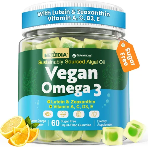 Gomitas Omega 3 de 1600 mg, suplemento de algas Omega 3 sin pescado + multivitamínico, luteína, zeaxantina, arándano, vitamina A, C, D3, E para