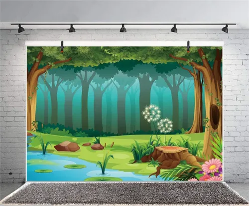 Miniatura 4 de Leyiyi Fondo de fotografía de bosque encantado de 5 x 3 pies, diseño de cuento de hadas, bosque, primavera, flores, río, caricatura, telón de fondo