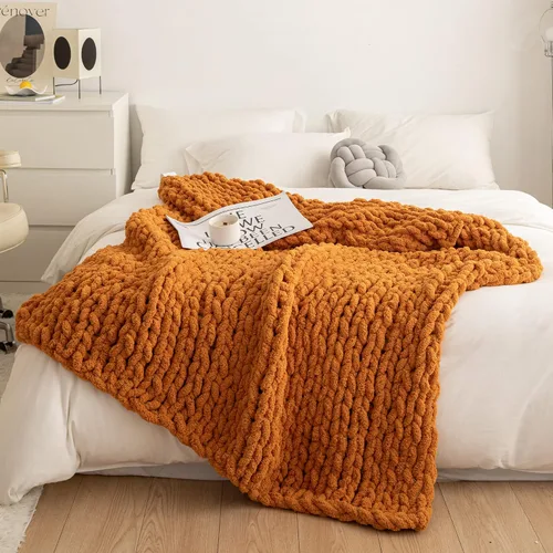 Miniatura 2 de ATMOSURELY Manta de punto grueso ultrasuave de color naranja quemado, acogedora y esponjosa, hecha a mano, con hilo de felpilla, para cama, sofá