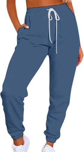 Pantalones deportivos para mujer, ajuste holgado, color sólido, cintura alta, con cordón, cómodos, con bolsillos