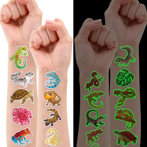 Miniatura 2 de 96 tatuajes temporales luminosos precortados con diseño de lagarto de selva de animales reptiles que brillan en la oscuridad para niños Tatuajes