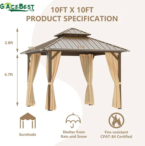 Miniatura 2 de Glorieta de Techo Duro de 10'x10' para Exteriores, Glorieta de Patio de Aluminio con Doble Techo, Toldo de Acero Galvanizado con Malla y Cortinas