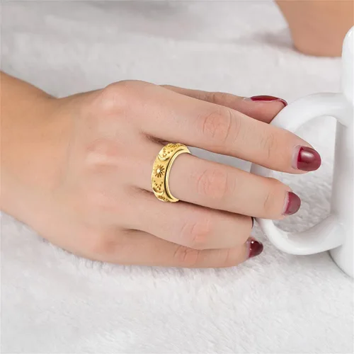 Miniatura 6 de Nanafast Anillo giratorio de acero inoxidable para aliviar la ansiedad y el estrés, anillo de compromiso de Horus, sol, luna, estrellas