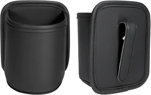 Organizador de cuero para tazas de automóvil (paquete de 2) | Portavasos con clip antideslizante para asiento trasero, puerta lateral del automóvil,