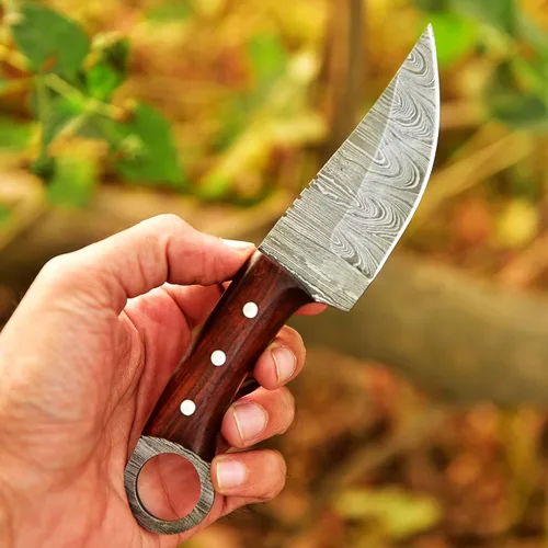 Miniatura 2 de Cuchillo de caza de hoja de acero de Damasco con lazo para cinturón de cuero, cuchillos de damasco de hoja fija para hombres, el mejor cuchillo