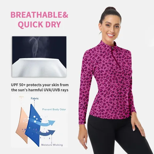 Miniatura 109 de WOWENY Camiseta deportiva de manga larga para mujer, con cremallera de un cuarto, cuello para entrenamiento, camiseta de tenis con estampado