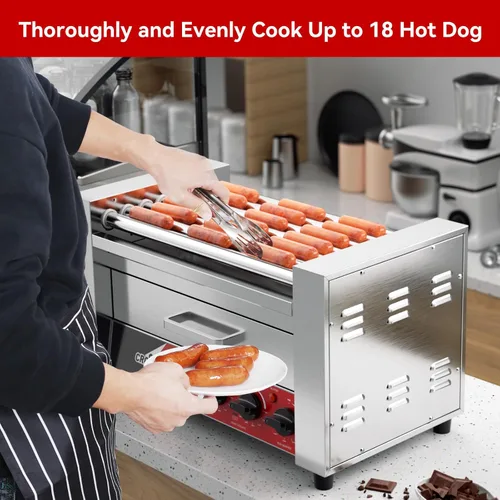 Miniatura 2 de CROSSON Hot Dog 7 Rodillos con Calentador de Pan, Máquina Comercial de Cocina con Asador Giratorio Antiadherente 7 en 304, Parrilla Eléctrica