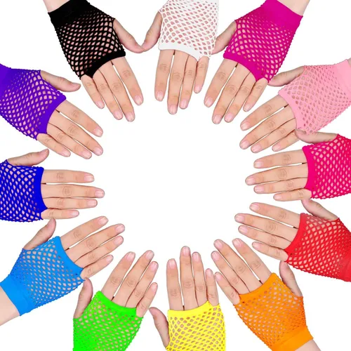 Miniatura 6 de TecUnite 12 pares de guantes de red sin dedos de color neón y 100 pulseras de gelatina de silicona multicolor, lazos luminosos para varias fiestas