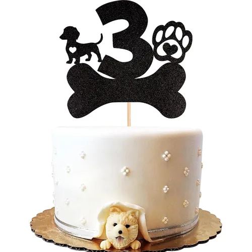 1 pieza de decoración para pastel de tercer cumpleaños con purpurina negra con pata de perro de tres años de edad, cachorro de perro, hueso de hueso