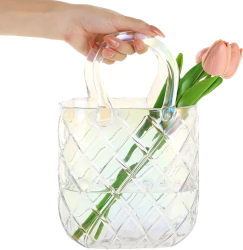Florero de cristal iridiscente con asa, elegante florero decorativo transparente con textura, hogar y centro de mesa