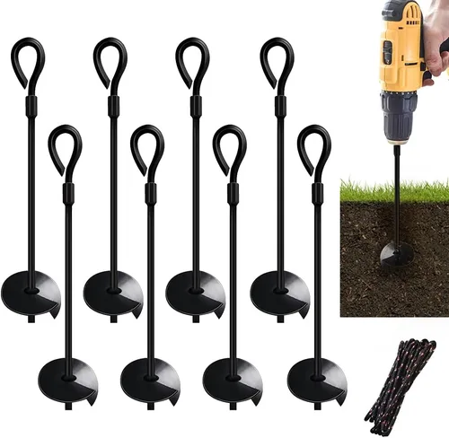 MIXXIDEA Anclaje de tierra de doble propósito de 15 pulgadas, paquete de 8 unidades resistentes para vientos fuertes, estacas de metal para perros,