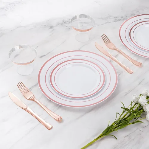 Miniatura 2 de Goodluck Juego de 600 piezas de platos desechables de oro rosa para 100 invitados, platos de plástico para fiesta, boda, juego de vajilla de 100