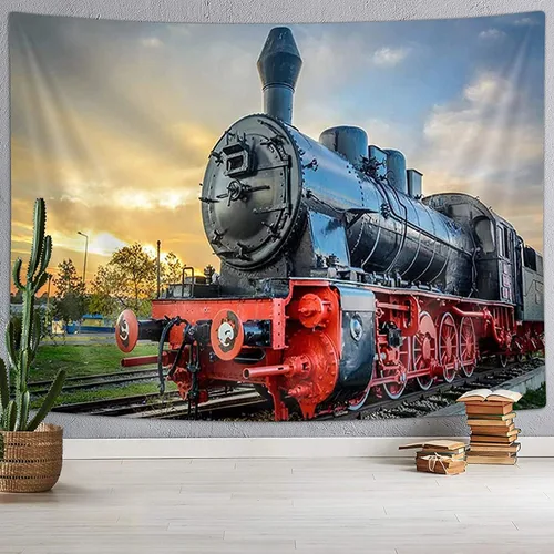 Miniatura 17 de Tapiz de Tren de Vapor, Tapices de Paisaje Otoñal de Tren de Motor Antiguo Decoración para Niños, Tapices de Arte de Acuarela de Bosque de Montaña