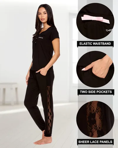 Miniatura 3 de bebe Conjunto de pijama para mujer, camisa de manga corta con pantalones de encaje para mujer