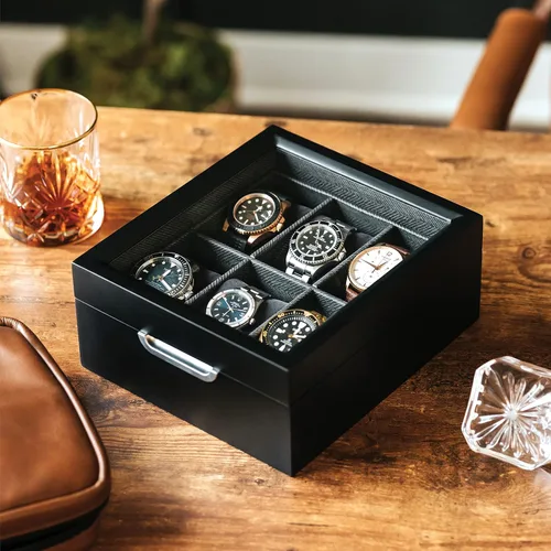 Miniatura 6 de CASE ELEGANCE Caja de reloj moderna 2x3 acabado negro con mango de aluminio personalizado 6 ranuras con vidrio real