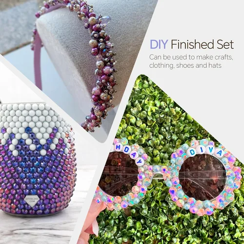 Miniatura 6 de 60g de Perlas Acuamarina Dorada con Diamantes de Imitación para Manualidades Tamaño Mixto 3mm-10mm Color AB Redondas Perlas Medias Planas Conjunto