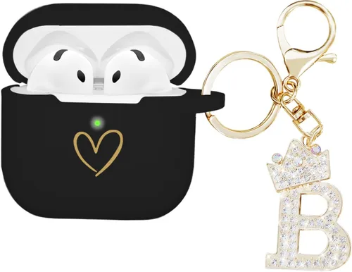 Miniatura 10 de Compatible con AirPods 4 Cover 2024, funda de silicona suave con patrón de corazón dorado para 4ª generación, llavero de letra A-Z con diamantes