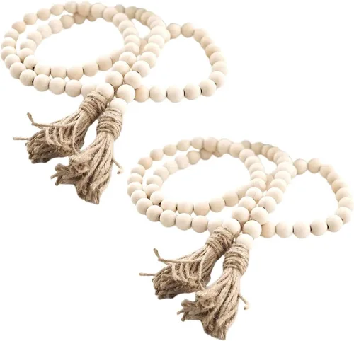 Miniatura 9 de LSKYTOP Guirnalda de cuentas de madera de 60 pulgadas, cuentas de madera con borlas, cuentas de granja, cuentas rústicas de oración, cuentas