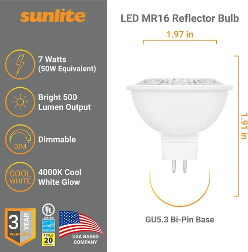 Miniatura 2 de Sunlite Foco reflector LED MR16, 7 vatios (equivalente a 50 W) 12 V, 500 LM, 90 CRI, base bi-pin GU5.3, regulable, compatible con T20, listado UL