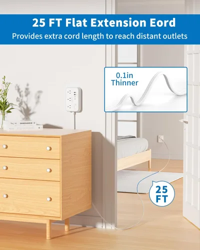Miniatura 2 de Regleta de alimentación NTONPOWER con cable de extensión plano de 25 pies, con 6 salidas y 4 puertos USB (2 USB C), enchufe plano, múltiples Blanco