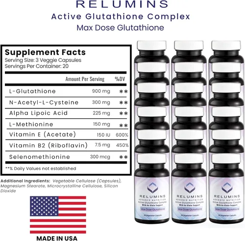 Miniatura 8 de Relumins Advance White, Complejo activo Glutatión, Cápsulas con fórmula blanqueadora oral con 6 refuerzos, Blanquea, repara y restaura la piel