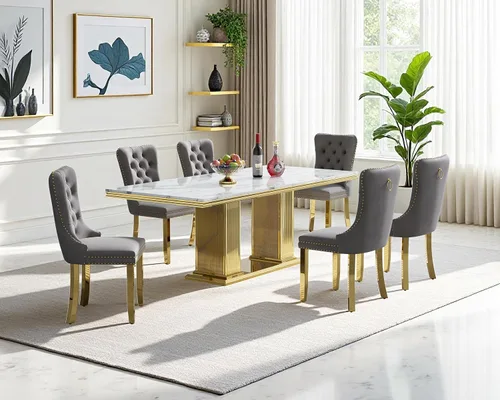 Miniatura 53 de Henf Juego de mesa de comedor de mármol sintético de 68 pulgadas para 6, juego de mesa de comedor de 7 piezas con 6 sillas copetudas de terciopelo