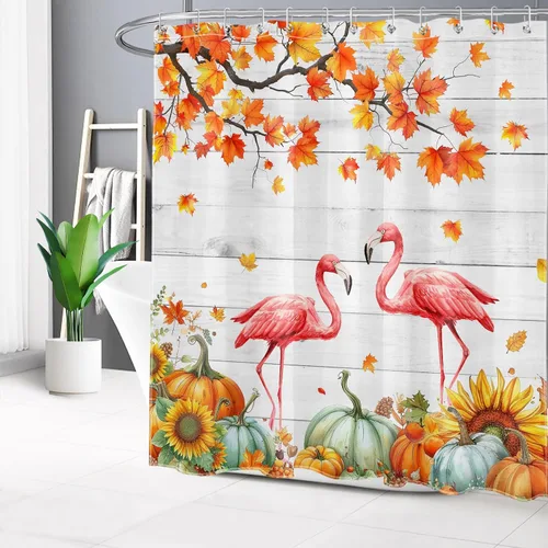 Miniatura 45 de HVEST Cortina de ducha con ganchos, calabaza espeluznante y fantasma con sombrero de bruja negro, juego de cortina de ducha naranja con flores