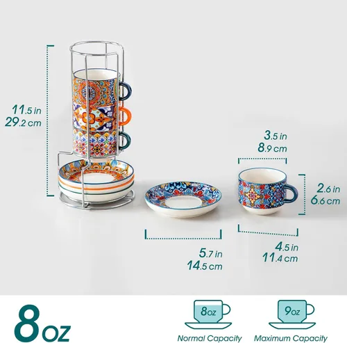 Miniatura 2 de vancasso Juego de 4 tazas de café espresso apilables de 8 onzas con platillos y soporte de metal, tazas de capuchino de cerámica bohemia, aptas