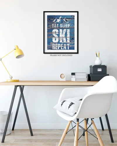 Miniatura 8 de Eat Sleep Ski Repeat Wall Decor Art Print sobre un fondo de madera azul – 11x14 sin marco con tema de esquí – Gran regalo para familiares y amigos