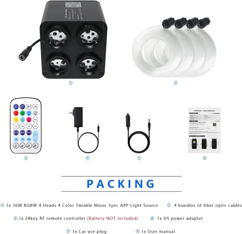 Miniatura 6 de AKEPO Home Car 36W 4 Colores Luz de Fibra Óptica Parpadeante, Total 1000pcs*0.75mm/0.03in Kit de Techo de Estrellas Luz de Techo de Cielo