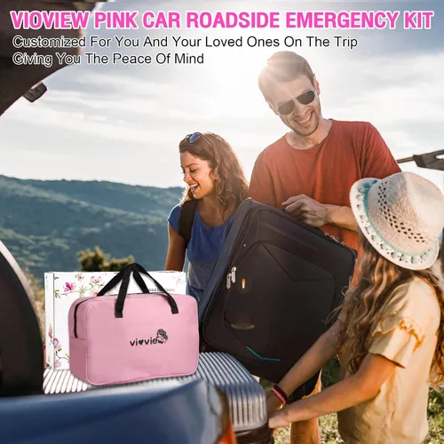 Miniatura 9 de Kit de emergencia en carretera para vehículos, con aspiradora de coche inflable 4 en 1, cables de puente rosa, kit de primeros auxilios, cuerda