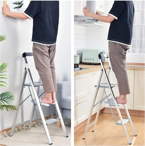 Miniatura 7 de KINGRACK Escalera de aluminio de 3 escalones, taburete ligero con pedales antideslizantes, pasamanos, escalera plegable de 330 LBS para cocina