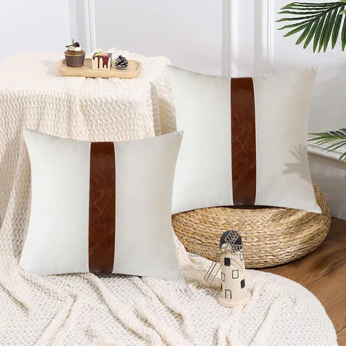 Miniatura 9 de OTOSTAR Juego de 4 fundas de almohada de lino con retazos de piel sintética de 20 x 20 pulgadas, decoración de granja a rayas, modernas, fundas