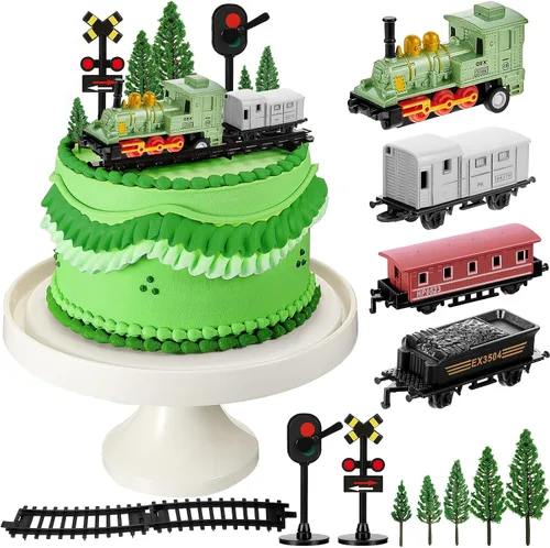 13 piezas de tren para decoración de tartas, tren, suministros de fiesta de cumpleaños, mini tren, tren, luces de tráfico, decoración de pastel para