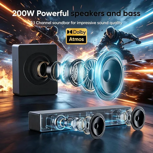 Miniatura 3 de GEOYEAO Barra de sonido con subwoofer, barra de sonido de 200 W y 2.1 canales con sistema de sonido envolvente Dolby Atmos para Smart TV/Proyector/PC