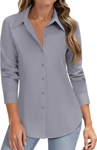 Miniatura 12 de HOTOUCH Camisas de manga larga con botones para mujer, camisas de vestir con protección contra manchas, ajuste delgado, blusas de trabajo, oficina